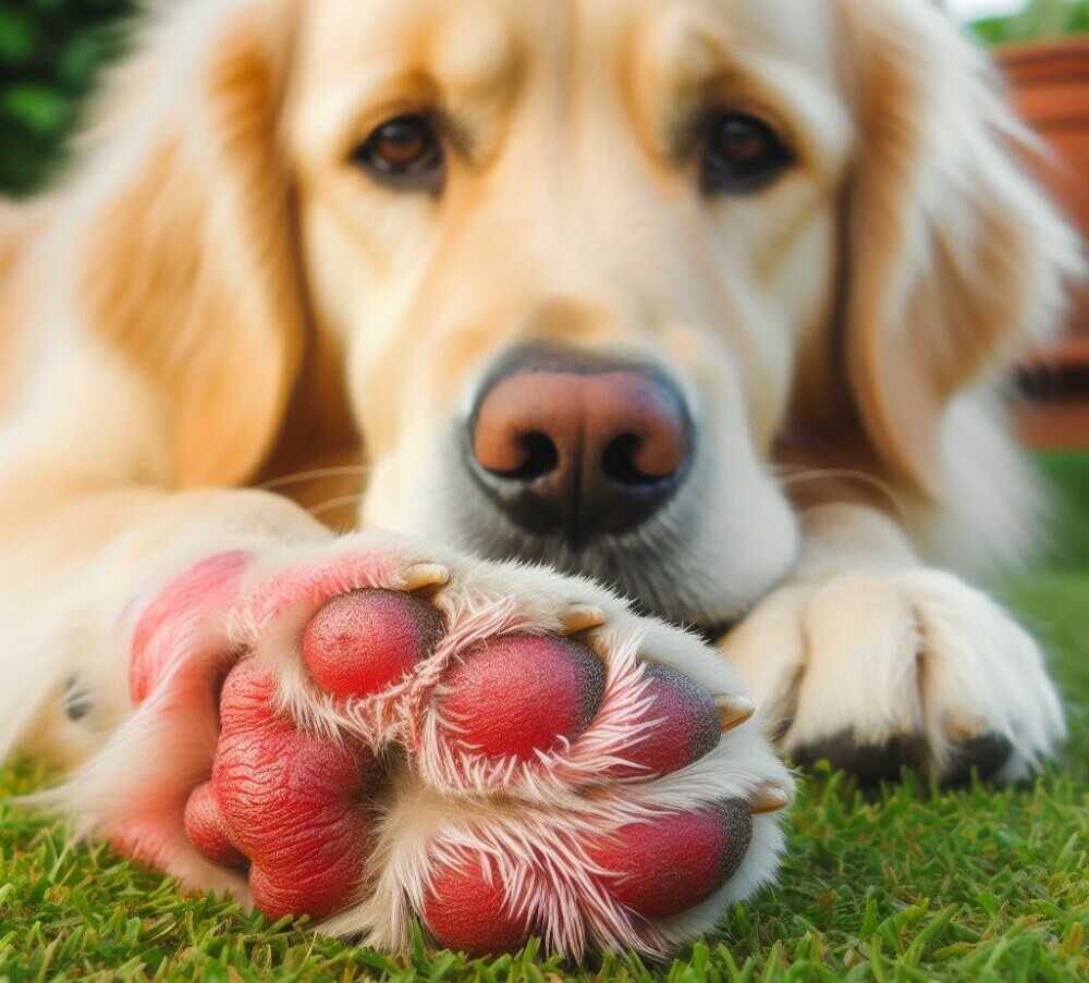 Dog with pododermatitis - Golden Years Paws