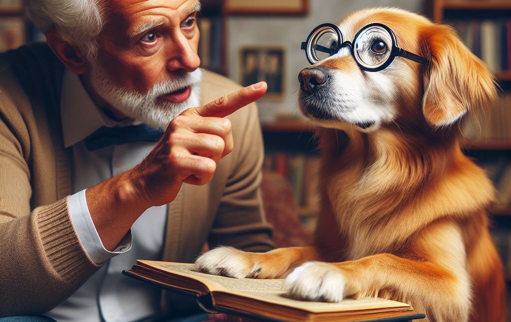 A senior dog wearing glasses with his paws on a book - Golden Years Paws