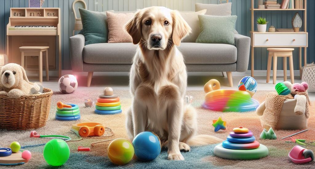 A dog sitting in the middle of his living room surrounded by toys - Golden Years Paws