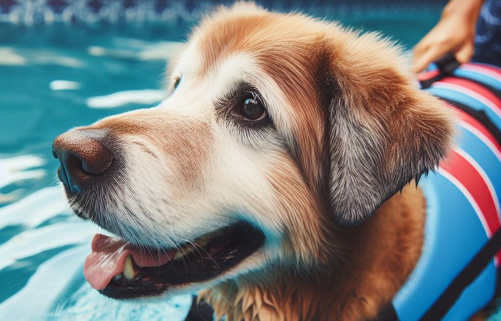 Senior dog swimming and wearing a life jacket - Golden Years Paws