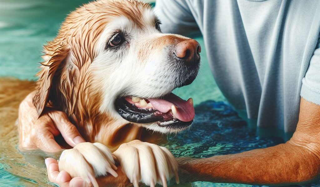 A senior dog and its owner during a swimming session - Golden Years Paws