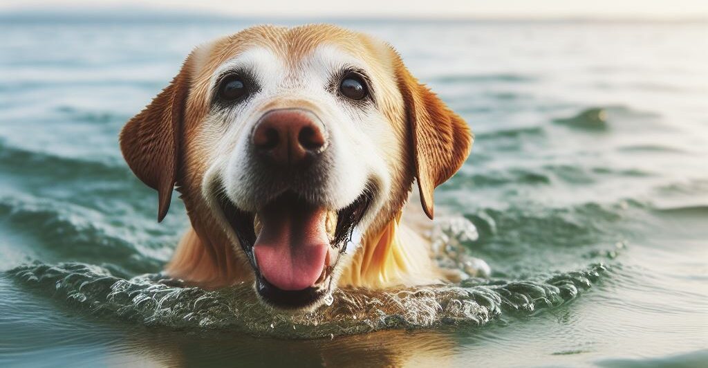 Senior dog happily swimming in the sea - Golden Years Paws