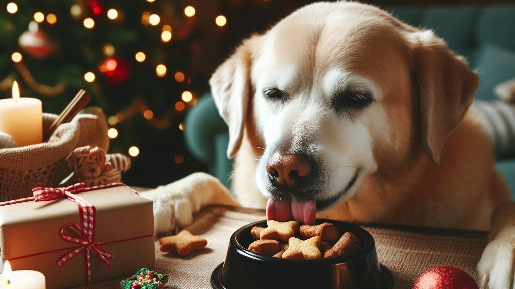 A senior dog eating Christmas cookies - Golden Years Paws