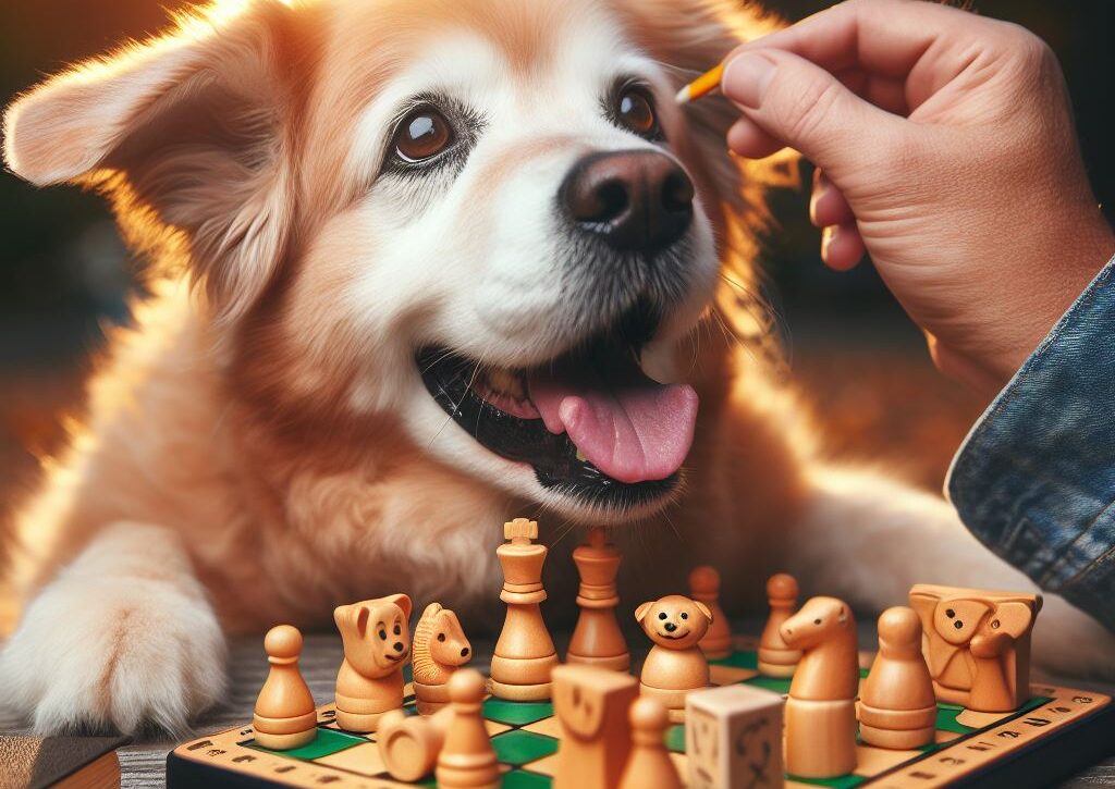 A dog and his owner playing chess - Golden Years Paws