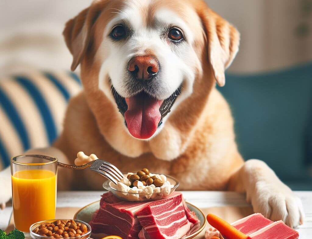 A senior dog in front of a plate full of healthy food - Golden Years Paws