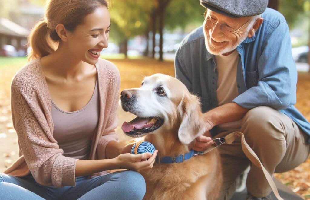 Senior dog playing with his owners in the park - Golden Years Paws