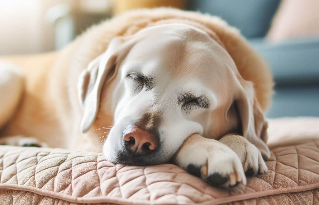 A senior dog sleeping on a mattress - Golden Years Paws