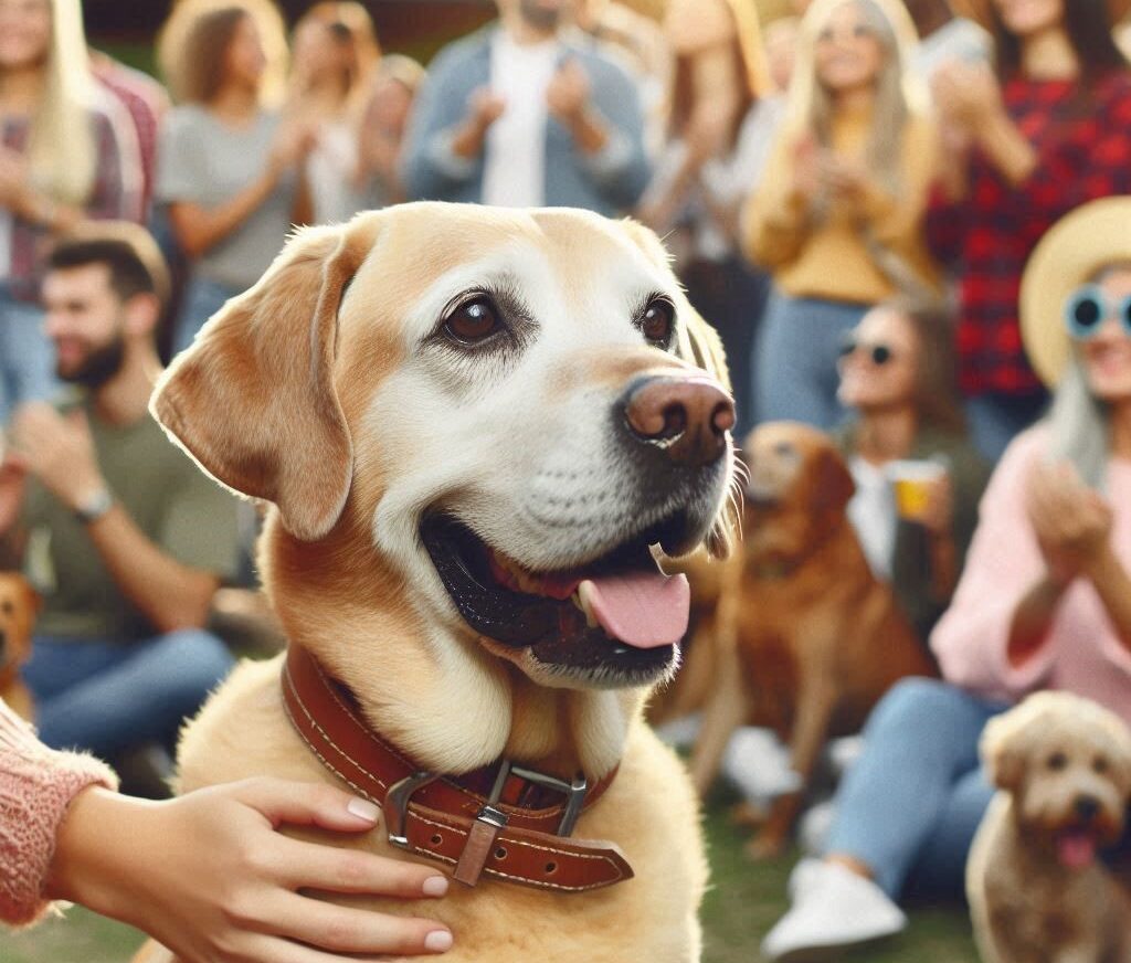 Senior dog in the crowd of people - Golden Years Paws